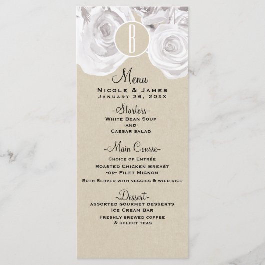 White Rustic Winter Rose Kraft Wedding Menu Card Menükarte (Vorderseite)