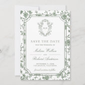 White Sage Green Chinoiserie Crest Photo Wedding Save The Date (Vorderseite)