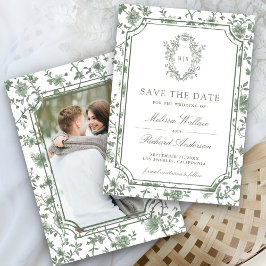 White Sage Green Chinoiserie Crest Photo Wedding Save The Date