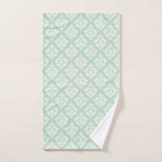 White & Sage Green Floral Damasks Pattern Badhandtuch Set (Handtuch)