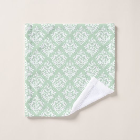 White & Sage Green Floral Damasks Pattern Badhandtuch Set (Waschlappen)