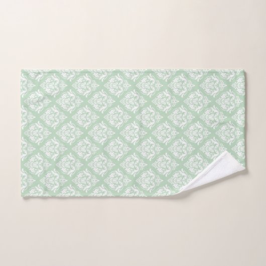 White & Sage Green Floral Damasks Pattern Badhandtuch Set (Handtuch)