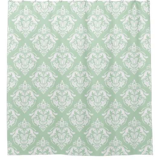 White & Sage Green Floral Damasks Pattern Duschvorhang (Vorderseite)
