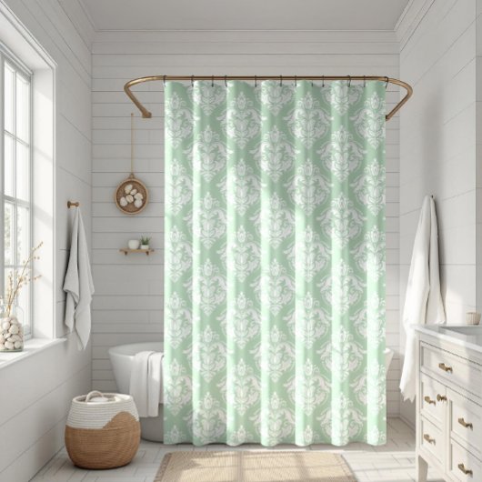 White & Sage Green Floral Damasks Pattern Duschvorhang