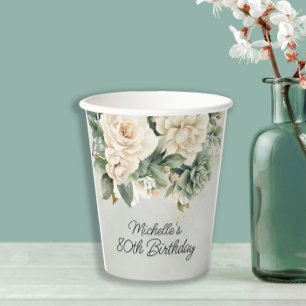 White Sage Green Floral Gold 80. Geburtstag Pappbecher