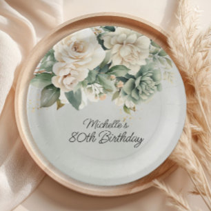 White Sage Green Floral Gold 80. Geburtstag Pappteller