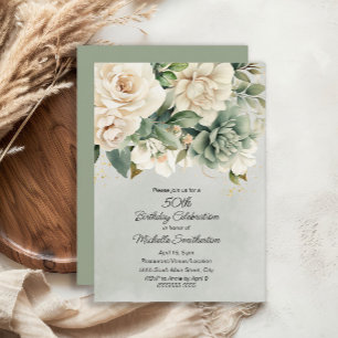 White Sage Grüne Florale Goldene 50. Geburtstagsfe Einladung