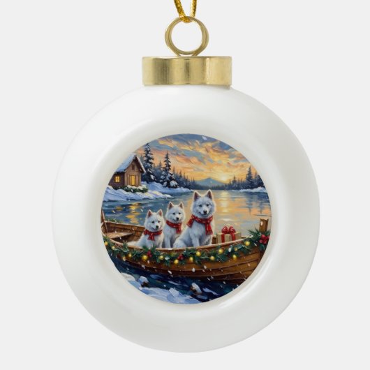 White Samoyed Christmas Boat Holiday Keramik Kugel-Ornament (Vorderseite)