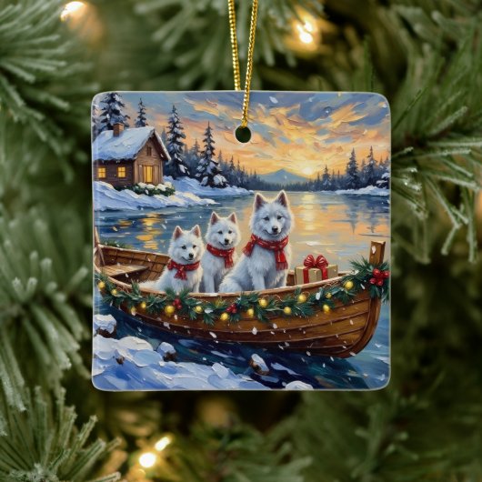 White Samoyed Christmas Boat Holiday Keramikornament (Baum)