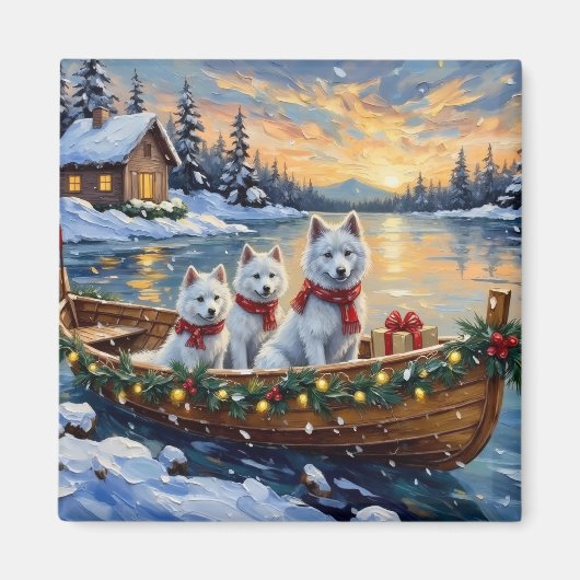 White Samoyed Christmas Boat Holiday Magnet (Vorne)