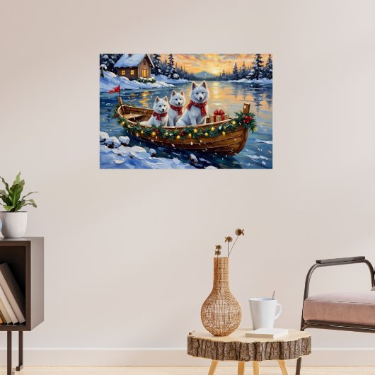 White Samoyed Christmas Boat Holiday Poster (Wohnzimmer 3)