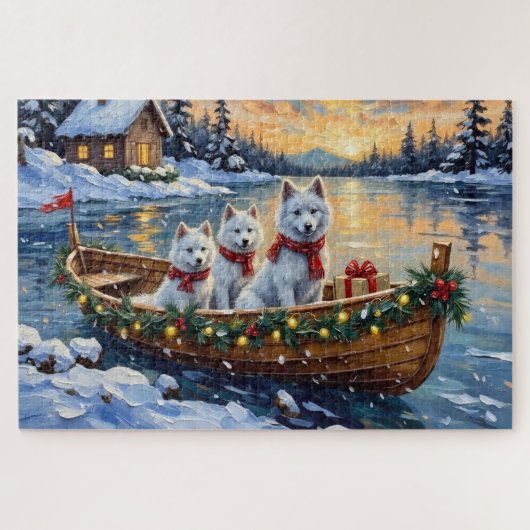 White Samoyed Christmas Boat Holiday Puzzle (Horizontal)
