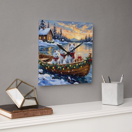 White Samoyed Christmas Boat Holiday Quadratische Wanduhr (Büro)