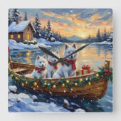 White Samoyed Christmas Boat Holiday Quadratische Wanduhr (Vorderseite)