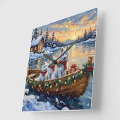 White Samoyed Christmas Boat Holiday Quadratische Wanduhr (Winkel)