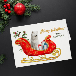 White Samoyed Dog Christmas Sleigh Card