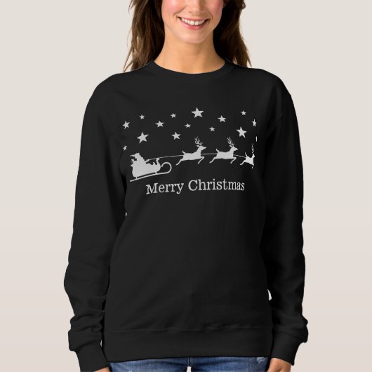 White Santa Sleigh and Deer & Merry Christmas Text Sweatshirt (Vorderseite)