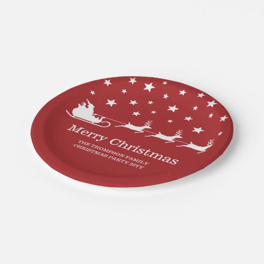 White Santa Sleigh und fröhlicher Weihnachtstext a Pappteller (Schrägansicht)