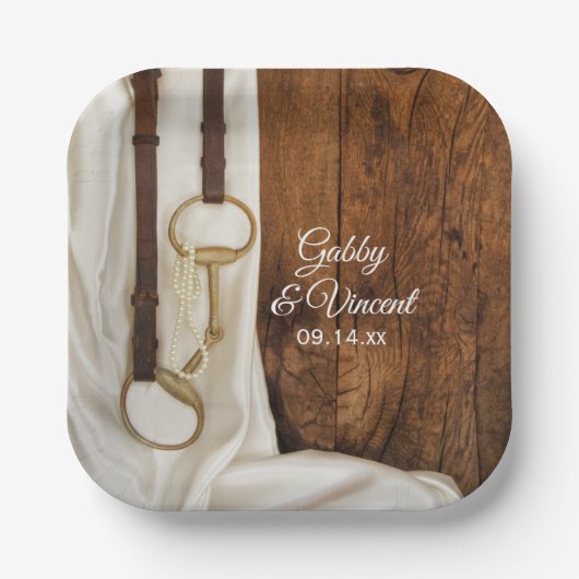 White Satin Horse Bit Country Western Hochzeit Pappteller (Vorderseite)