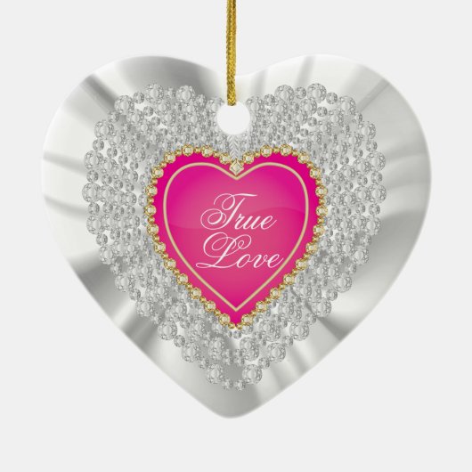 White Satin & Pink Heart Wedding Keepake Keramik Keramik Ornament (Hinten)