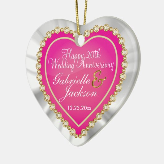 White Satin & Pink Heart Wedding Keepake Keramik Keramik Ornament (Links)