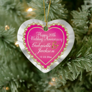 White Satin & Pink Heart Wedding Keepake Keramik Ornament