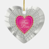 White Satin & Pink Heart Wedding Keepake Keramik Ornament (Hinten)