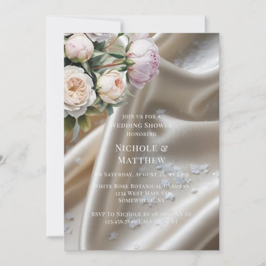 White Satin with Roses and Peony Wedding Shower Einladung (Vorderseite)