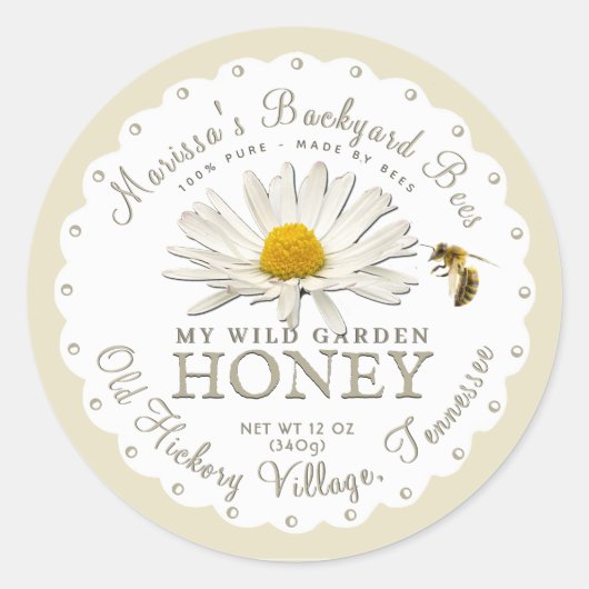 White Scallop Backyard Bee Daisy Honey Label Runder Aufkleber (Vorderseite)