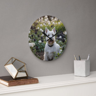 White Scottish Terrier mit Schwarz-weißen Rose, Große Wanduhr