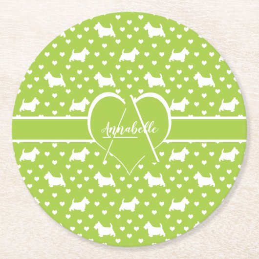 White Scottish Terriers (Scottie Dogs) Lime Green Runder Pappuntersetzer (Vorderseite)