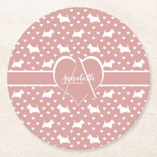 White Scottish Terriers (Scottie Dogs) - Pink Runder Pappuntersetzer (Vorderseite)