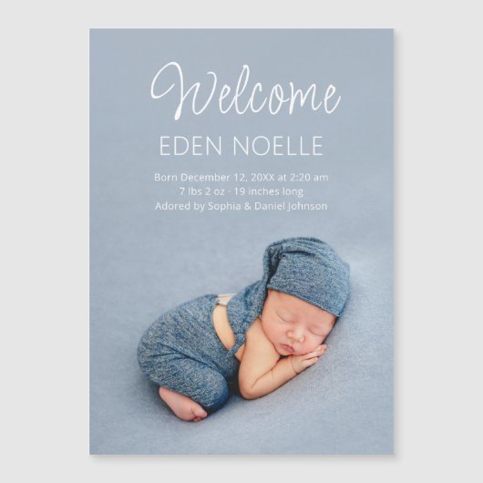 White Script Baby Foto Geburtshinweis Magnet (Vorderseite)
