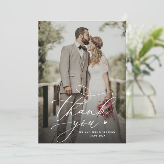 White Script Custom Foto Wedding Dankeskarte (Stehend Vorderseite)