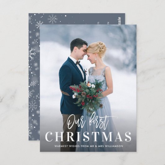 White Script Erste Weihnachtsankündigung Postkarte (Vorne/Hinten)