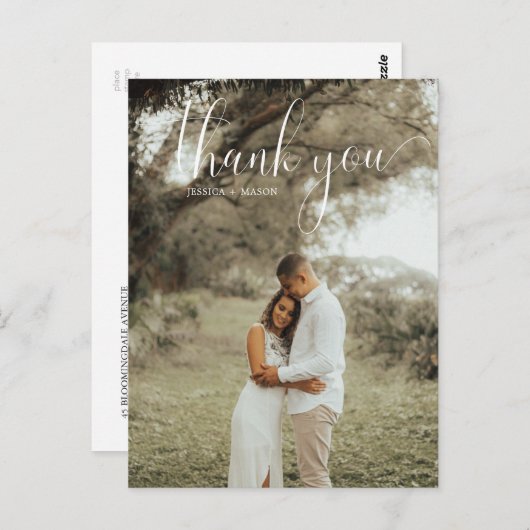 White Script Foto Hochzeit Vielen Dank Postcard Postkarte (Vorne/Hinten)