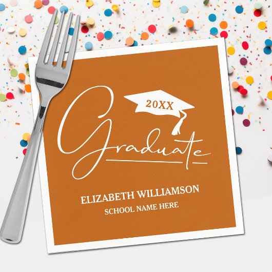 White Script Graduation Cap Burnt Orange Serviette