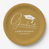 White Script Graduation Cap Gold Pappteller (Vorderseite)