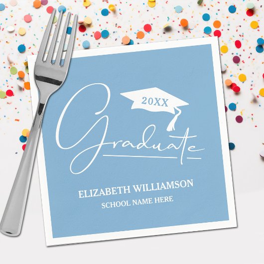 White Script Graduation Cap Powder Blue Serviette