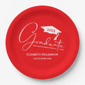 White Script Graduation Cap Red Pappteller (Vorderseite)
