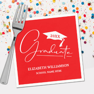 White Script Graduation Cap Red Serviette