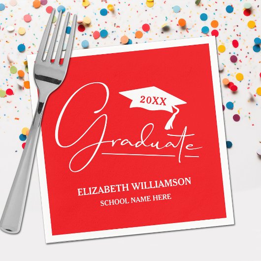 White Script Graduation Cap Red Serviette