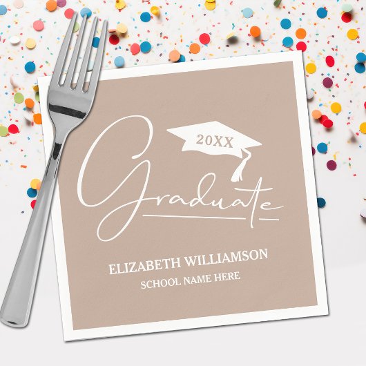 White Script Graduation Cap Taupe Serviette
