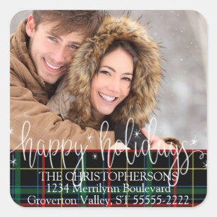 White Script HAPPY FERIEN Foto Rücksendeadresse Quadratischer Aufkleber