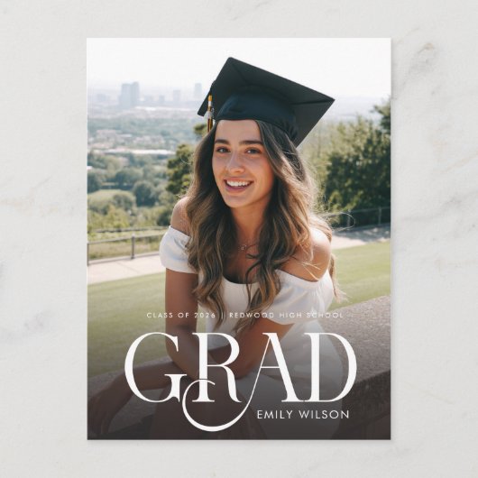 White Script Modern Graduate Photo Graduation Postkarte (Vorderseite)