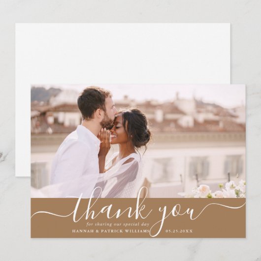 White Script Moderne Hochzeit Danke Foto Card (Vorne/Hinten)