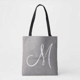 White Script Monogram Grau Linen Tasche