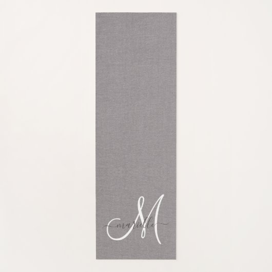 White Script Monogram Grau Linen Yogamatte (Vorderseite)