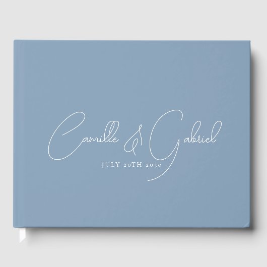 White Script Names Wedding Dusty Blue Gästebuch (Vorderseite)