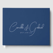 White Script Names Wedding Navy Blue Gästebuch (Vorderseite)